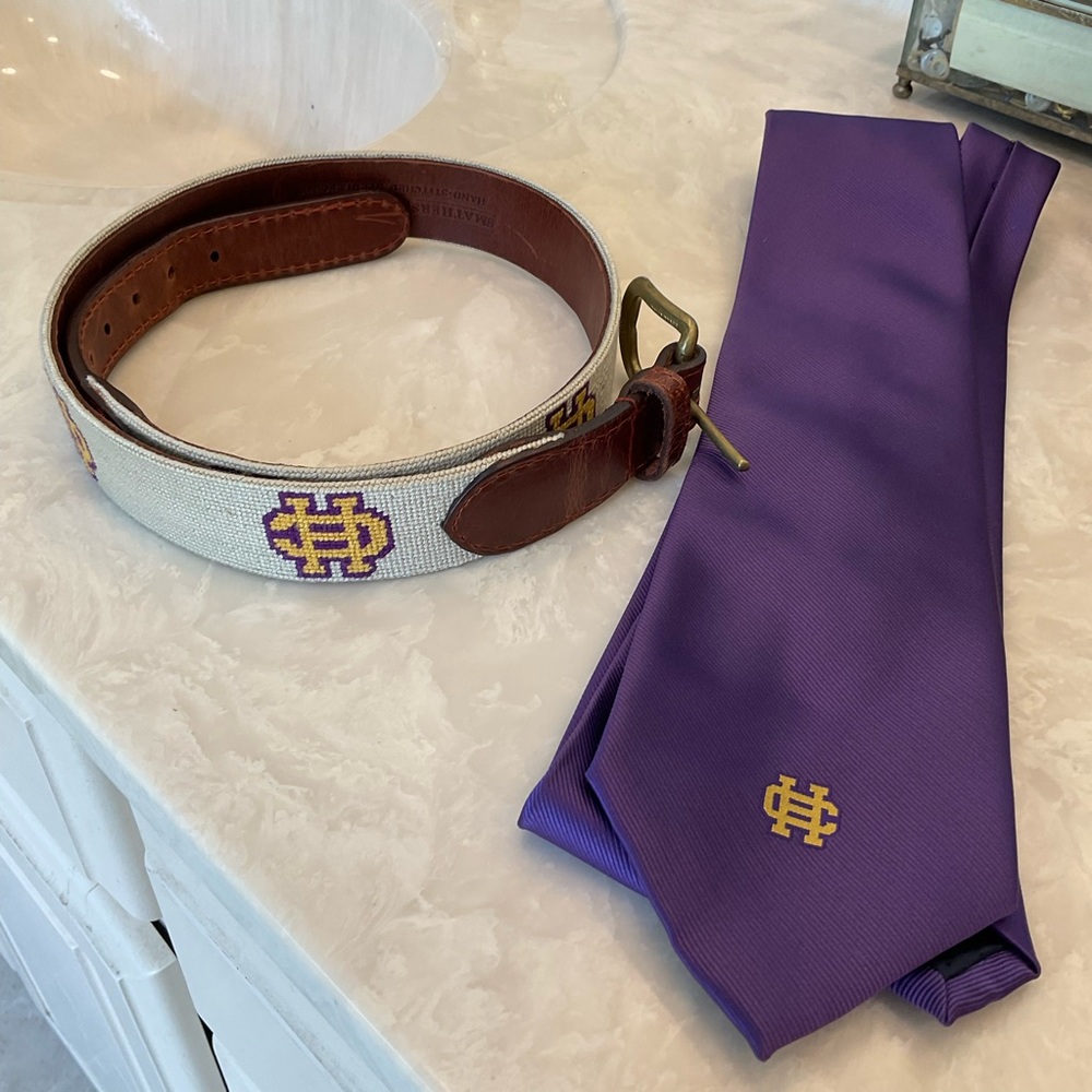 Catholic High, LR, AR, Tie & Belt, Tie-Class of 1999 purple 59” x 3”, Belt-Sz 32 - Picture 1 of 16